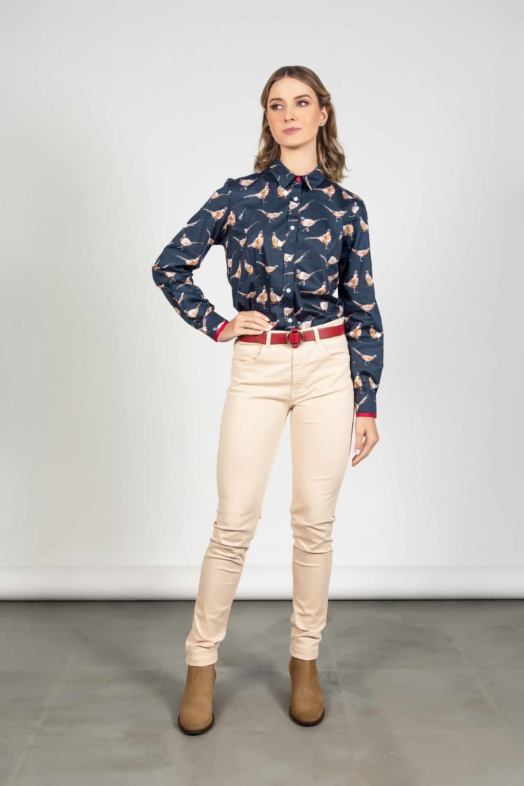 LAYLA Navy Pheasants luxury cotton shirt with LYCRA