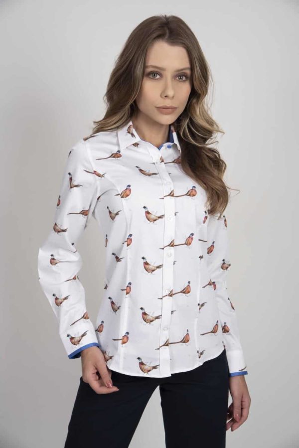 LAYLA 2 Pheasants luxury cotton satin shirt with Lycra