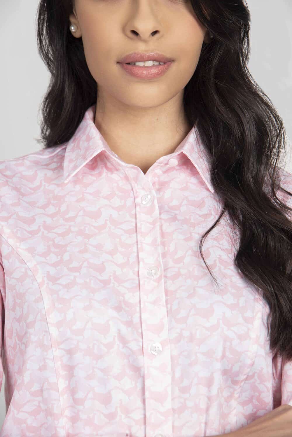 LAYLA Pink Pheasant camouflage luxury cotton satin shirt with Lycra