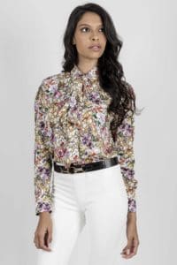 LISA White Bird Flowers blouse with removable bow