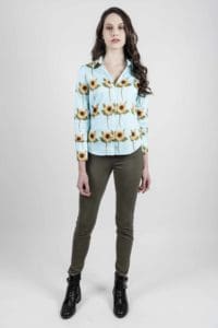 HARPER Turquoise Sunflowers luxury cotton V-neck shirt with LYCRA