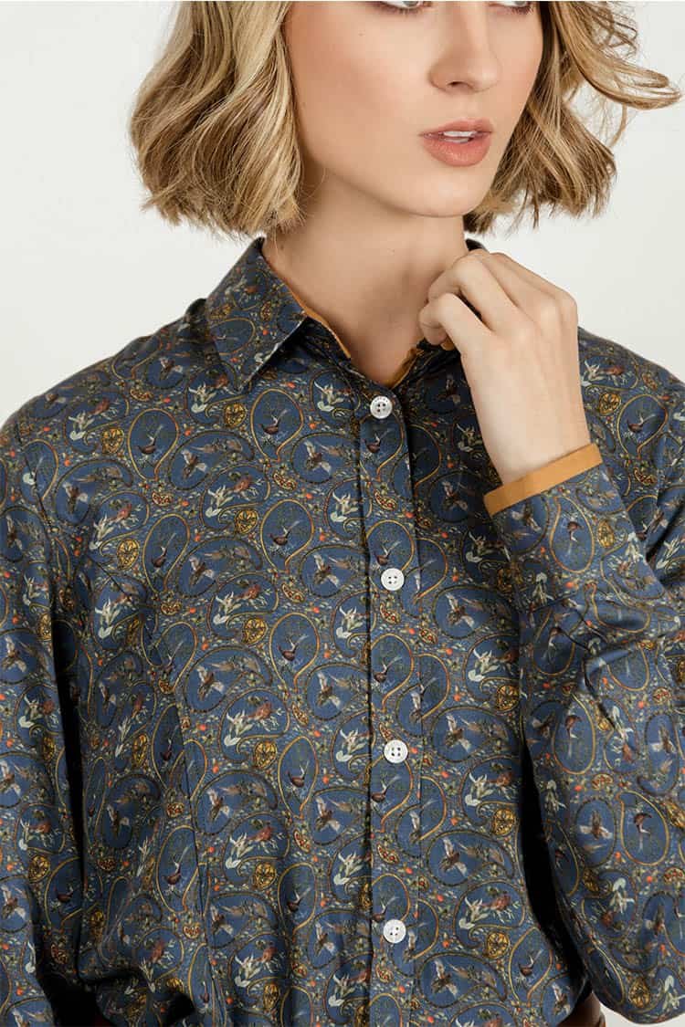 LAYLA Navy Paisley Pheasants luxury cotton shirt with LYCRA