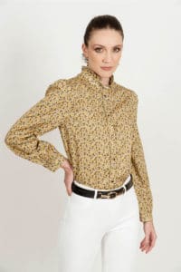 MALU Ditsy Yellow frill-neck luxury blouse