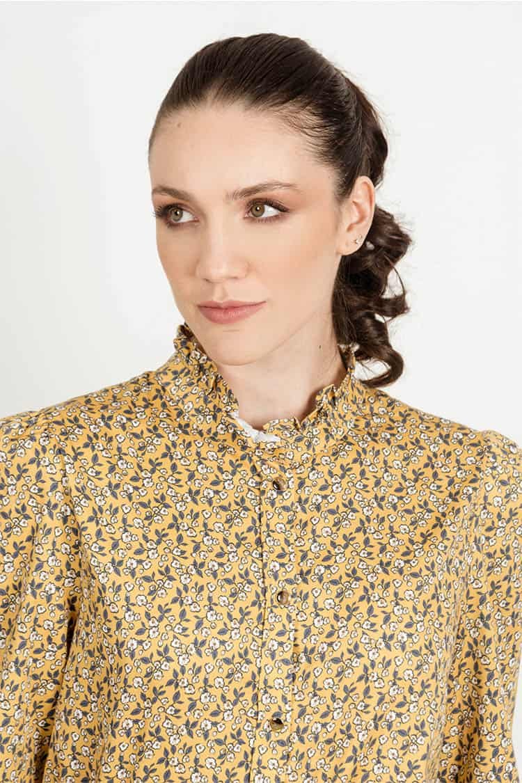 MALU Ditsy Yellow frill-neck luxury blouse