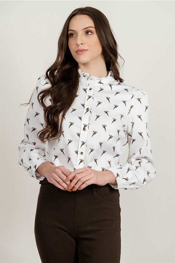 MALU Flying Pheasants frill-neck luxury blouse