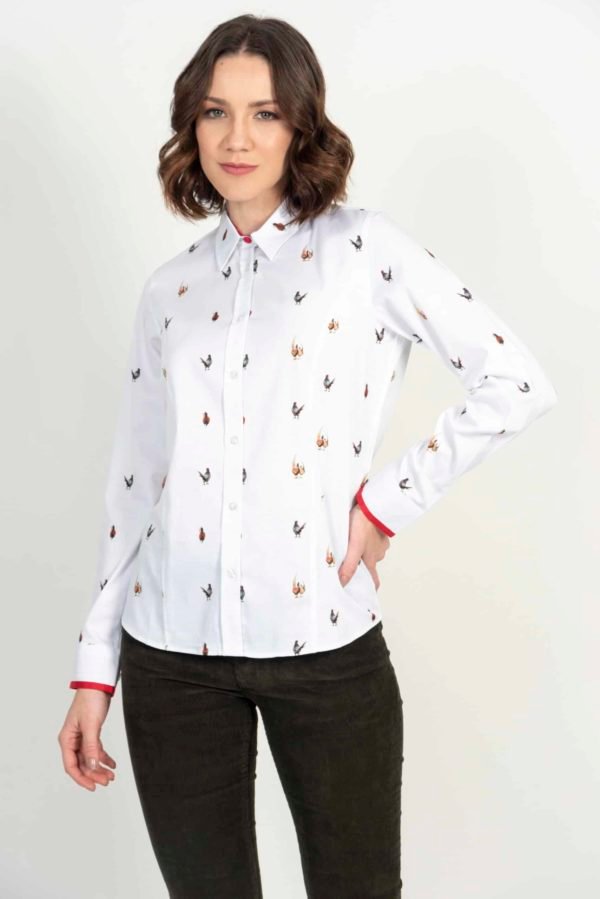 LAYLA White Small Pheasants luxury cotton shirt with LYCRA