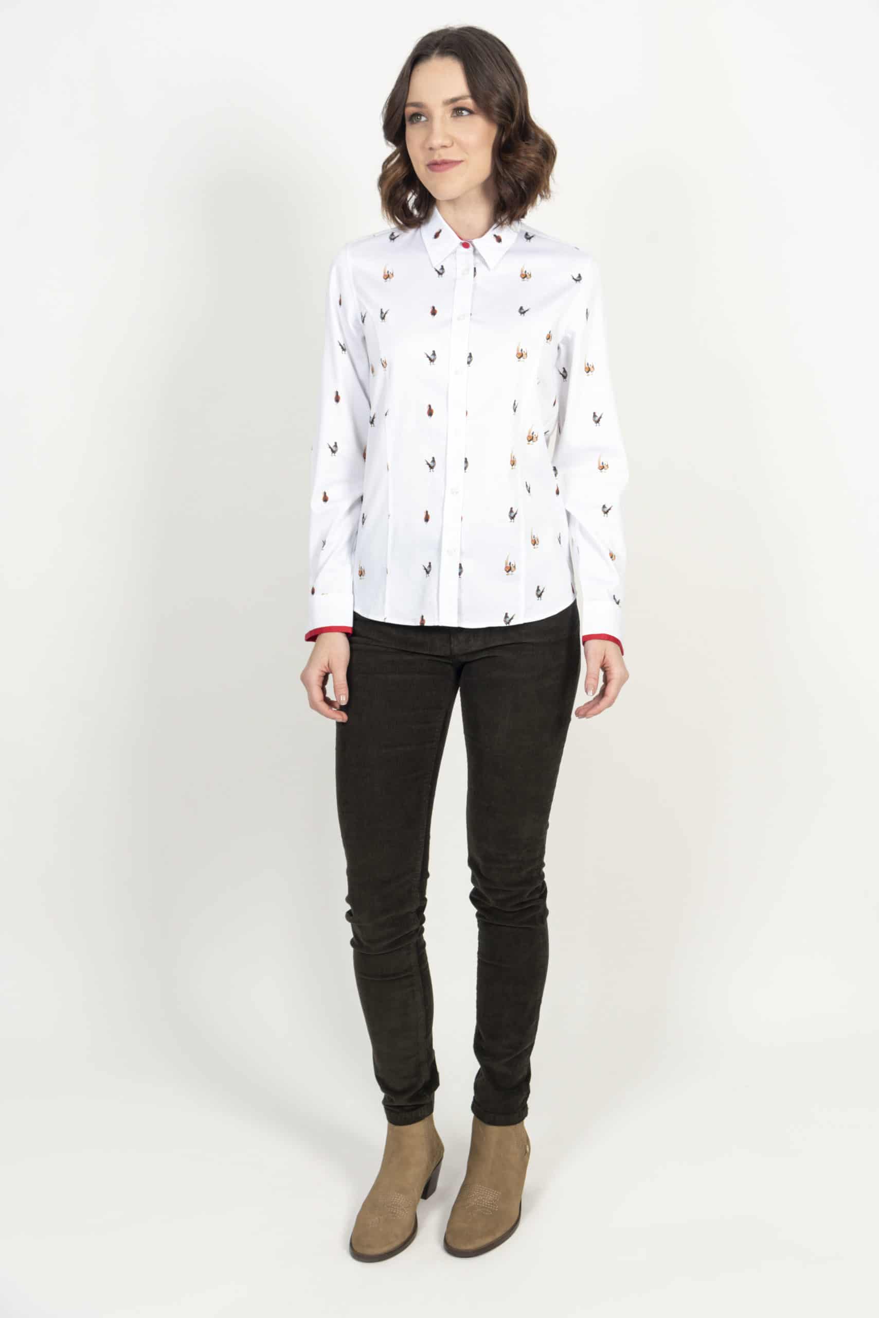 LAYLA White Small Pheasants luxury cotton shirt with LYCRA