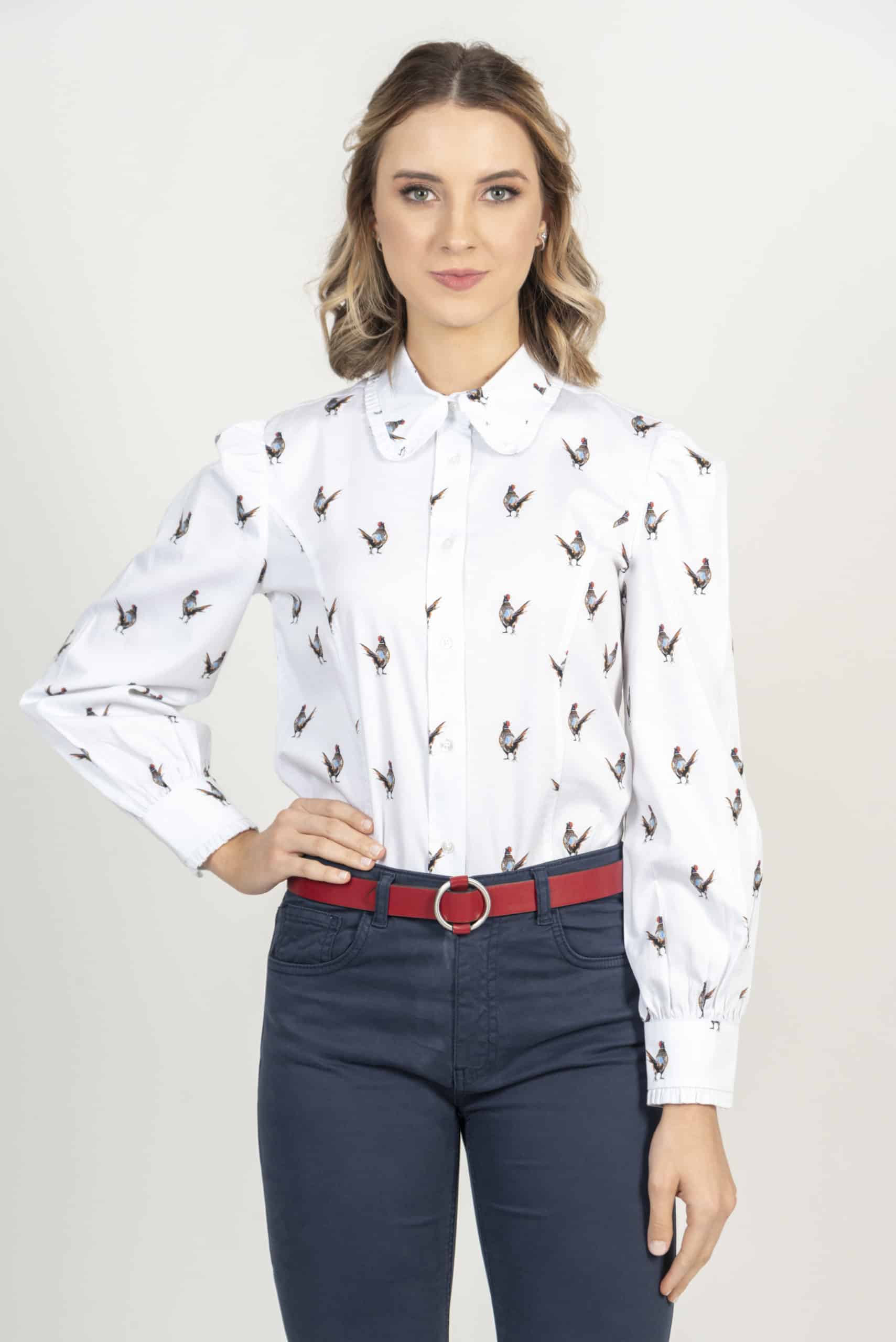 SUE White Pheasants luxury cotton shirt with LYCRA
