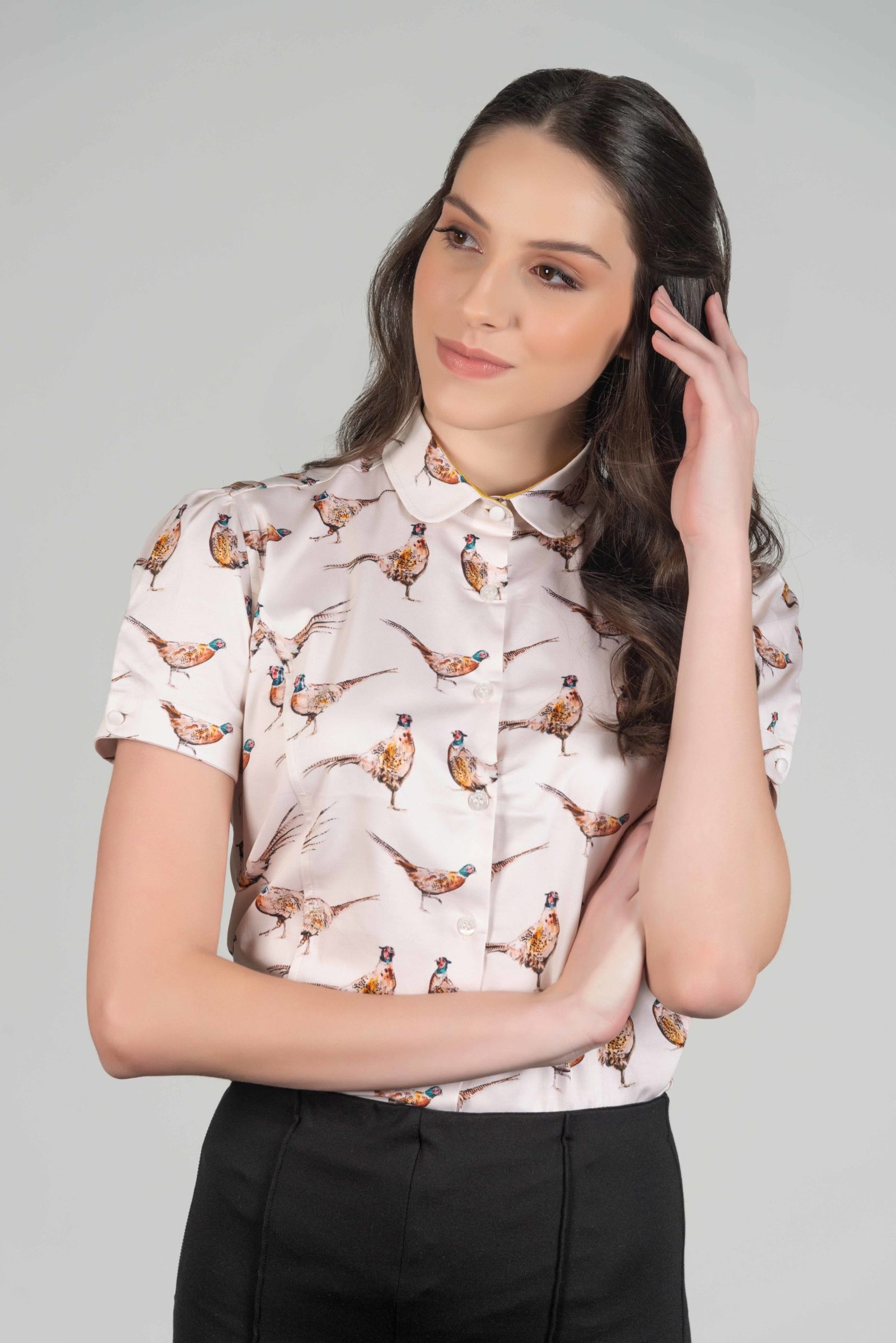 LUNA Beige Pheasants luxury short sleeve shirt with Lycra