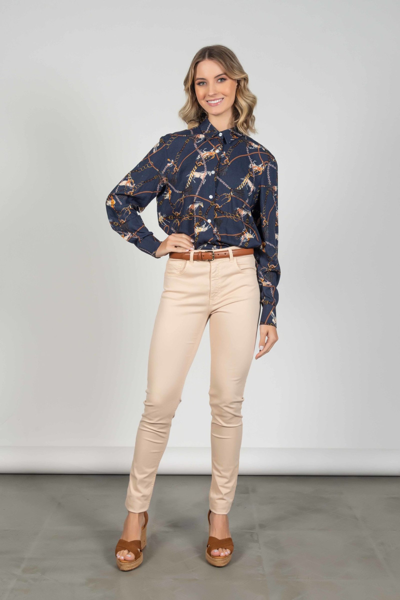 LYDIA Navy Horse Chains luxury viscose shirt