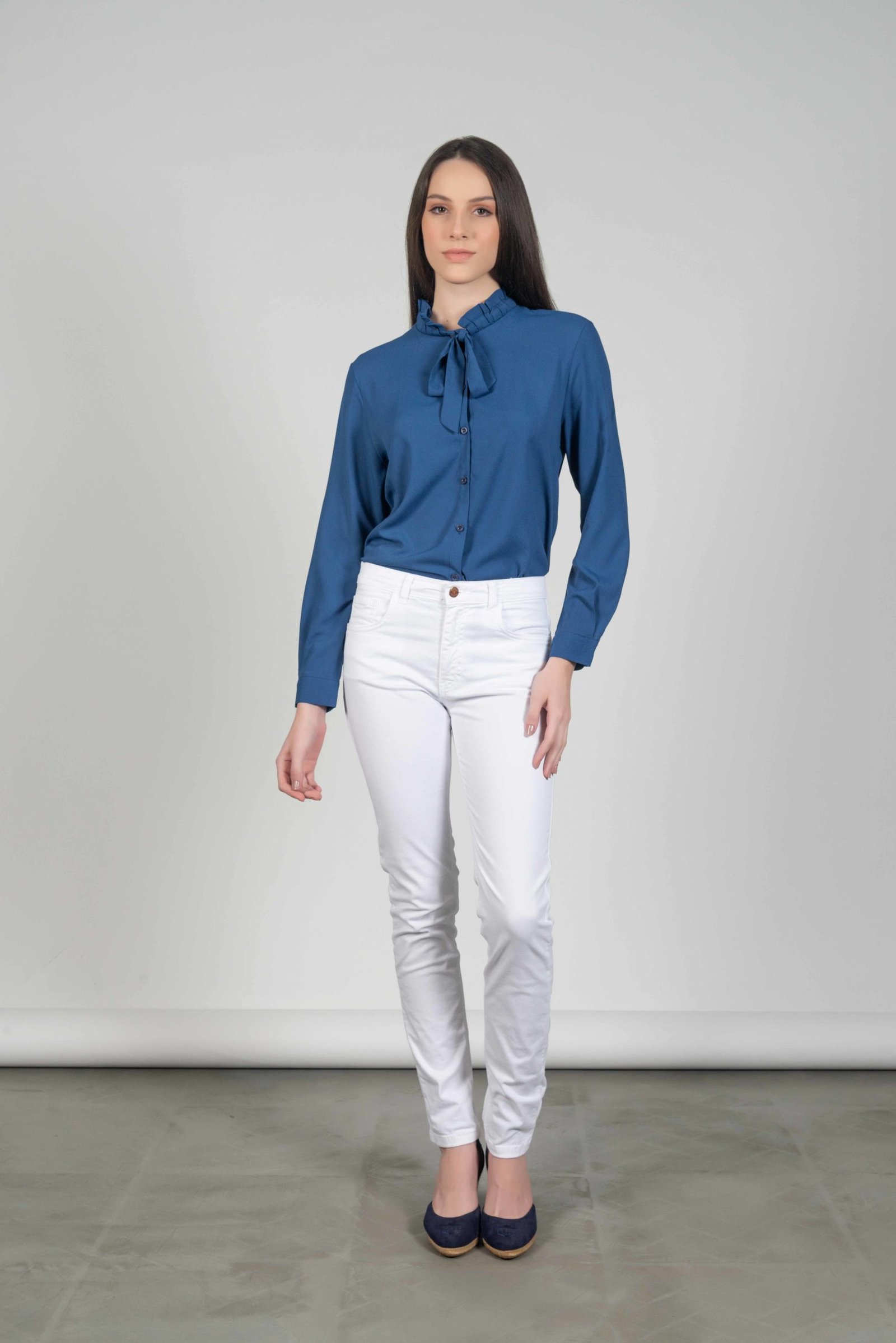 FRAN Navy frill neck tie blouse