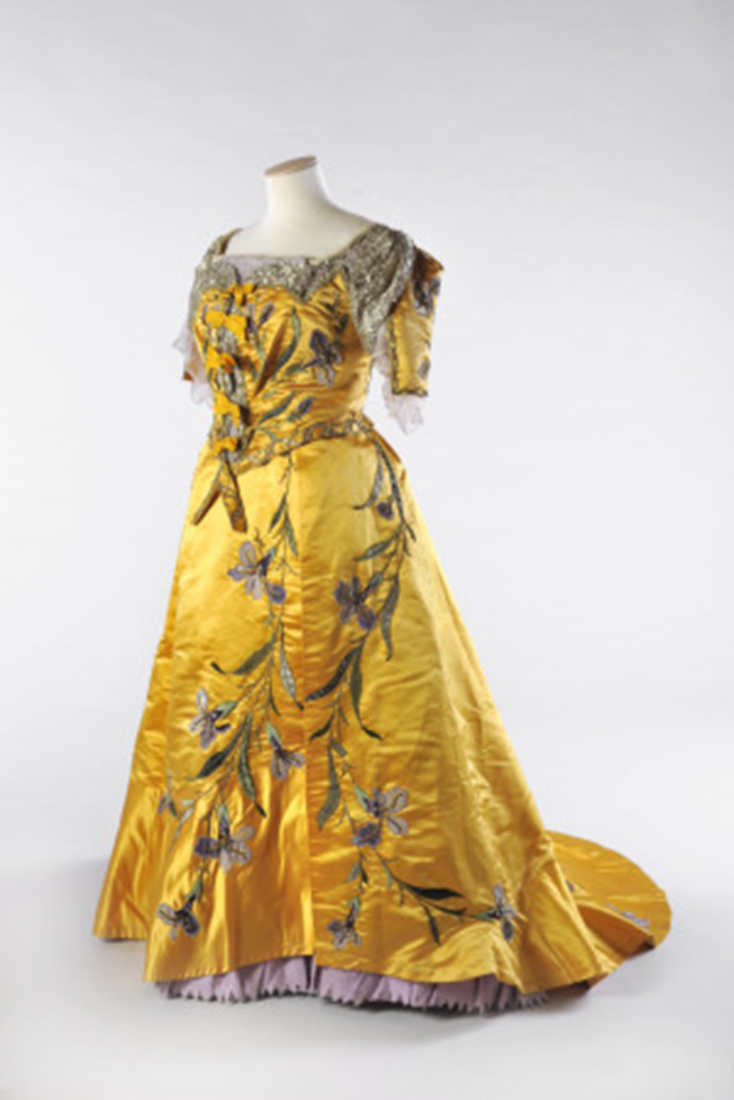 Flower-Embroidered Ball Gown c.1898-1901. Featured in the Chertsey Museum 